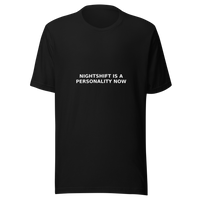 Offcut Supply Co. Nightshift Is a Personality Now tee, ghost mannequin mockup, black