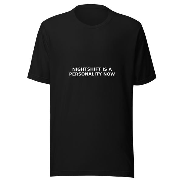 Offcut Supply Co. Nightshift Is a Personality Now tee, ghost mannequin mockup, black