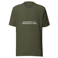 Offcut Supply Co. Nightshift Is a Personality Now tee, ghost mannequin mockup, military green