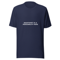 Offcut Supply Co. Nightshift Is a Personality Now tee, ghost mannequin mockup, navy