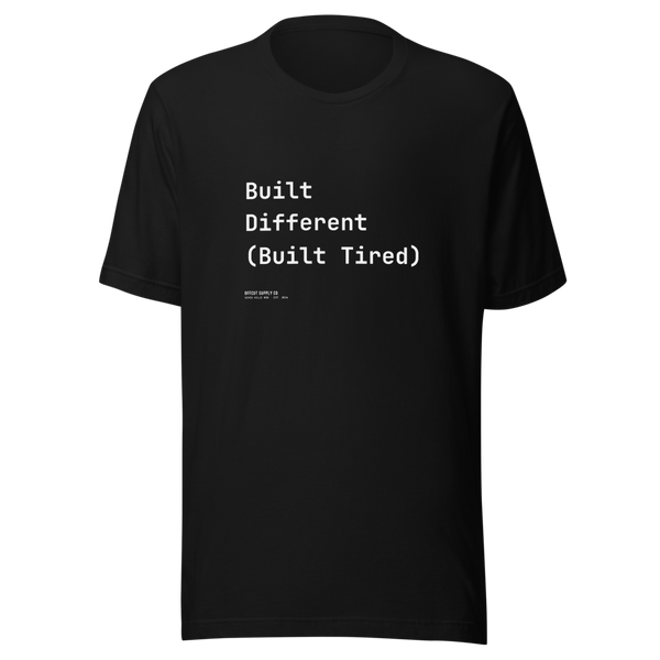 Offcut Supply Co. Built Different (Built Tired) tee, ghost mannequin mockup, black