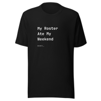 Offcut Supply Co. My Roster Ate My Weekend tee, ghost mannequin mockup, black