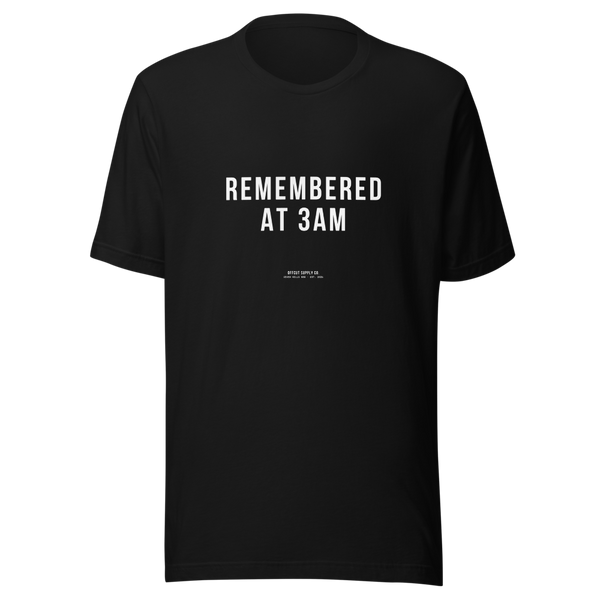 Offcut Supply Co. Remembered at 3am tee, ghost mannequin mockup, black