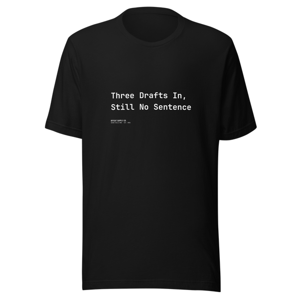 Offcut Supply Co. Three Drafts In, Still No Sentence tee, ghost mannequin mockup, black